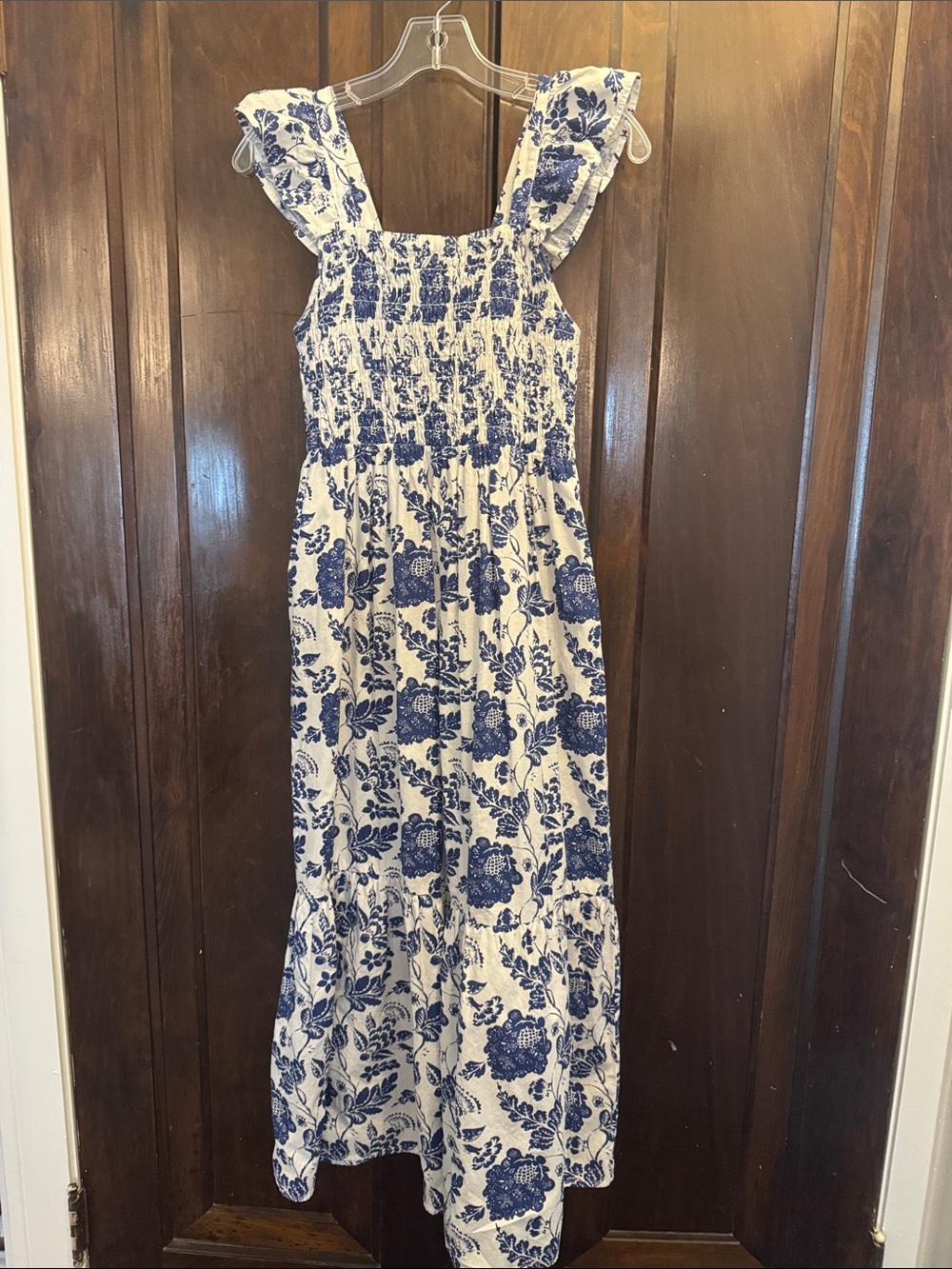 THML White and Blue Floral Smocked Maxi Dress